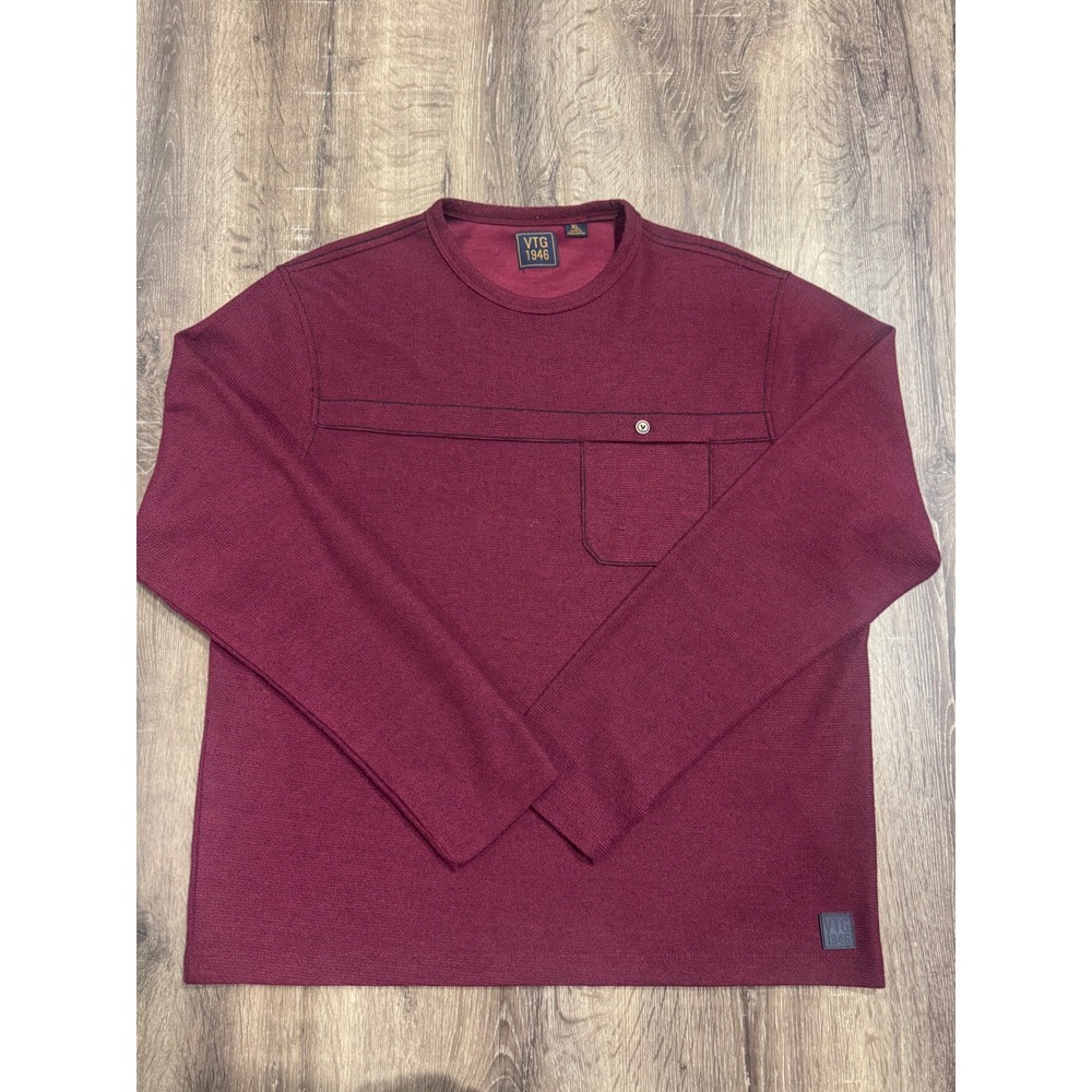 VTG 1946 Mens XL Burgundy Maroon Textured Knit Long Sleeve Pocket Pullover Top